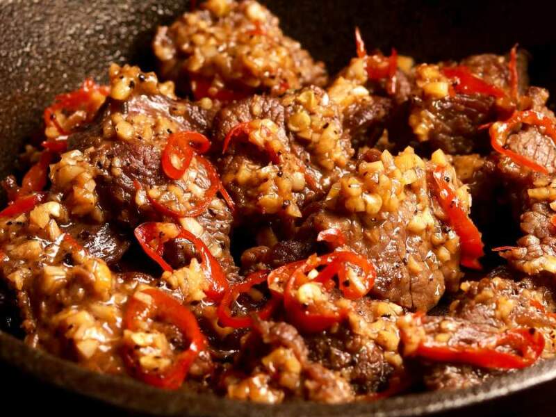 Beef Tenderloin Tips Smothered in Sizzling Garlic-Chili Glaze 3 Beef Tenderloin Tips in Chili Garlic